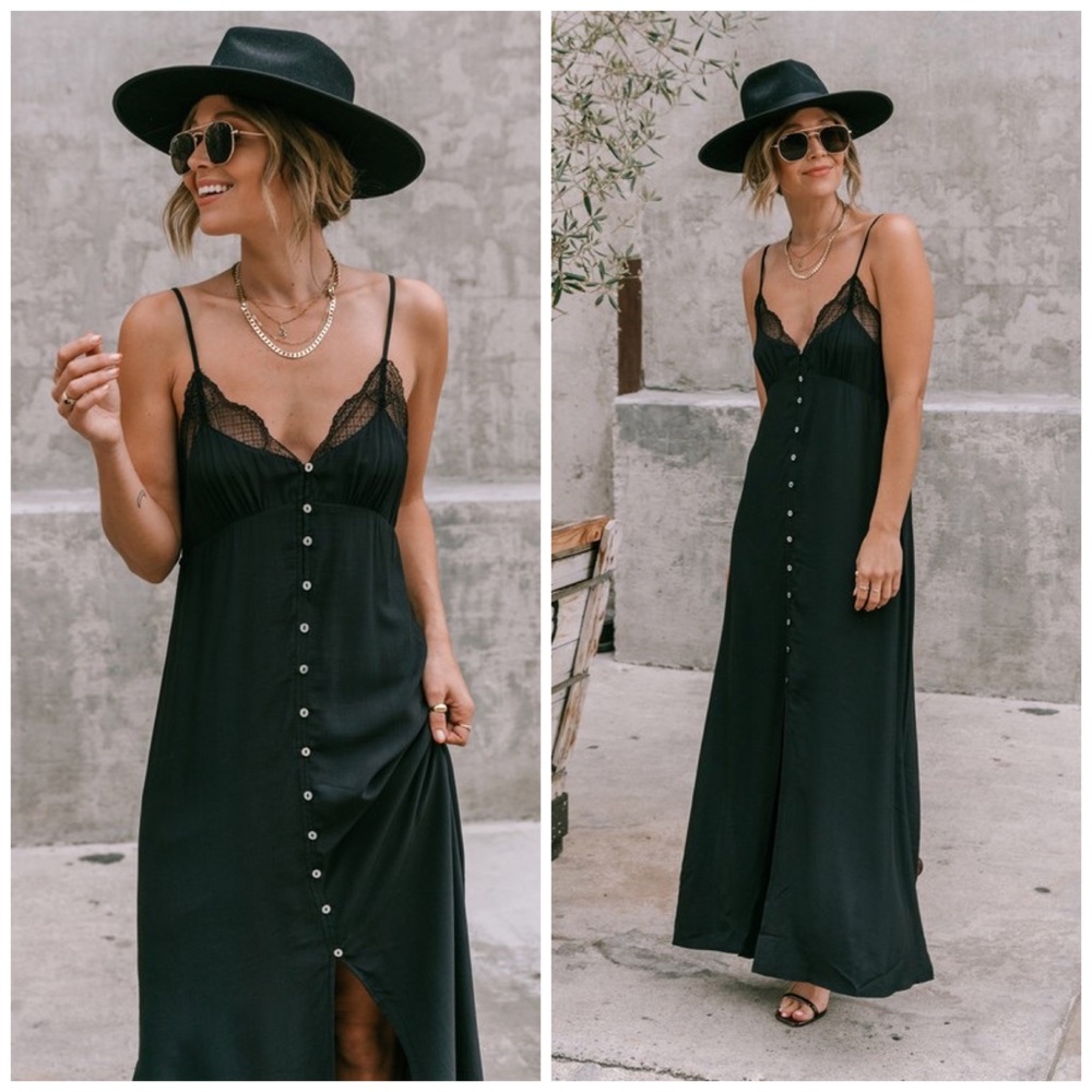 “Havana” Black Lace Trim Button Down Maxi Dress